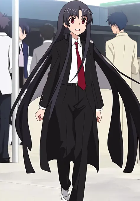 <lora:Kuroumaru_Tokisaka:0.8>, (masterpiece, best quality,perfect lighting), Kuroumaru_Tokisaka, 1girl, solo, white shirt, necktie, pants, coat, open coat, black coat, long coat