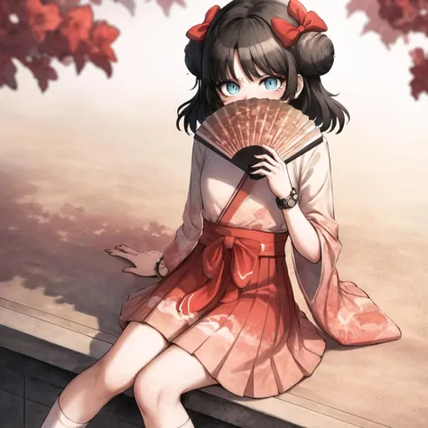 toshi, 1girl, blue eyes, bow, solo, brown hair, covering mouth, double bun, dress, folding fan, hair bow, hair bun, hand fan, holding, ((holding fan)), nail polish, parted bangs, short hair, red skirt, geta, white socks, bracelet, outdoors