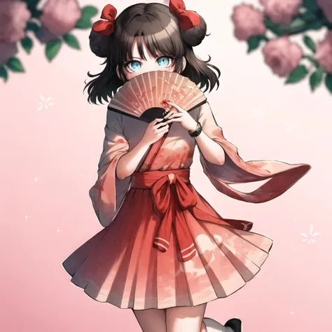 toshi, 1girl, blue eyes, bow, solo, brown hair, covering mouth, double bun, dress, folding fan, hair bow, hair bun, hand fan, holding, ((holding fan)), nail polish, parted bangs, short hair, red skirt, geta, white socks, bracelet,