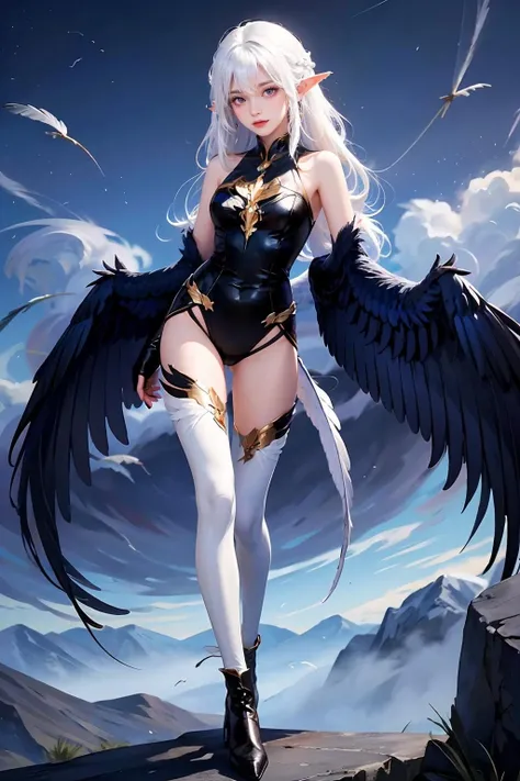 <lora:niaoren_10:0.7>,super high resolution,best quality,Photos,4k,niaoren,1girl,(white hair:1.1),(long hair:1.3),(feather wings:1.1),tights,blue wings,wings arm,