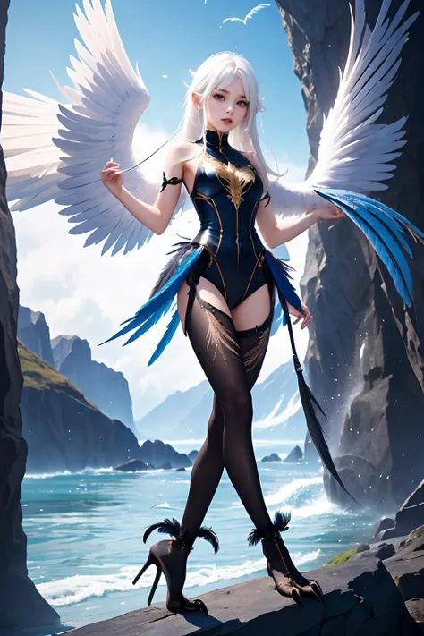 4k,High resolution,one woman,harpy,blue hair,long ponytail,big breasts,big white wings,golden toenails,Princess,Princessのティアラ,underwear,Black high-leg pants,black bra,jewelry embellishments,in the forest