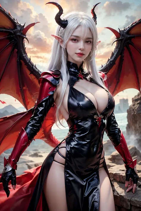 <lora:longlv_08:0.8>,(white hair:1.1),face lighting,bright backlight,super high resolution,best quality,Photos,4k,(Realistic:1.2),longlv,1girl,red eyes,wings,(dragon_horns:1.2),(dragon wing:1.3),white_skin,jewelry,cleavage,(long hair:1.1),smile,armor,black dress,