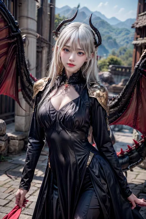 ((World of Darkness)),Professional , masterpiece、top-quality、photos realistic , depth of fields 、(((With a magic wand of gems))),(Dragon White Metal Body:1.9),(latexsilver-blue、A detailed face、(cleavage of the breast)(Fight dragons)、、(((Particles of light))),(Micro Bikini Armor:1.7),Beauty face、Gorgeous gold weapons ,(Fight dragons)、Seductive look、(blood splattere、((((With a magic wand))), ) , (((Wearing a black latex wizard hat))),(demonic wings) ,((a blond))、(Castle background)、((Gangle's forest background))、Beautiful Caucasian beauty、1a person、dynamic ungle,(((Detailed and ornate dragon wizard hat)))、Smaller head、A smile、Castle background、Thin and beautiful female hands、cleavage of the breast、Soldier in iron armor on background、Mystical expression、Light Effects、intense fighting、Wind-effect、magic circles、With the legendary magic wand、Dragon's tail、explosions、Toostock、Toostock、
