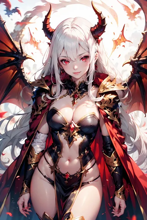 <lora:longlv_08:0.8>,(white hair:1.1),face lighting,bright backlight,super high resolution,best quality,Photos,4k,(Realistic:1.2),longlv,1girl,red eyes,wings,(dragon_horns:1.1),(dragon wing:1.2),white_skin,jewelry,cleavage,(long hair:1.1),smile,armor,black dress,