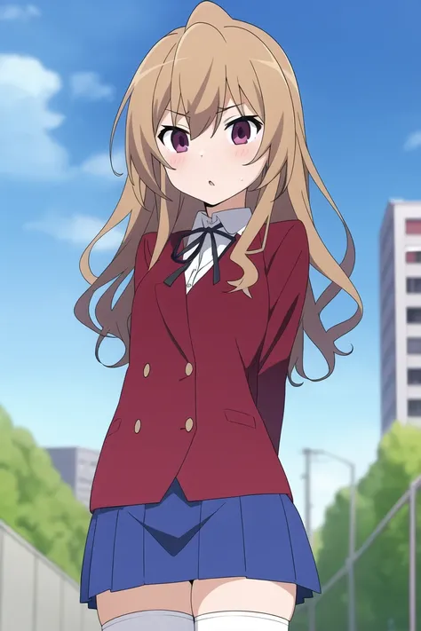 <lora:Taiga Aisaka:0.8>, 1girl, aisaka taiga,  oohashi high school uniform, thighhighs, blue skirt, arms behind back, jacket