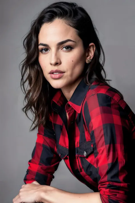 a photo of eizag1 wearing checkered red and black shirt and blue jeans staring at the viewer, (checkered red and black shirt), (blue jeans),Highly Detailed,(close portrait:1.3),(beautiful:1.4),(attractive:1.3),calendar pose,perfectly detailed eyes,studio lighting,thematic background