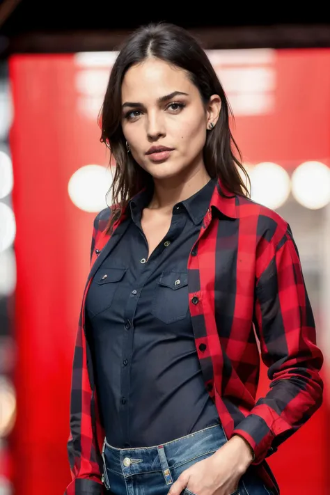 a photo of eizag1 wearing checkered red and black shirt and blue jeans staring at the viewer, (checkered red and black shirt), (blue jeans),Highly Detailed,(close portrait:1.3),(beautiful:1.4),(attractive:1.3),calendar pose,perfectly detailed eyes,studio lighting,thematic background