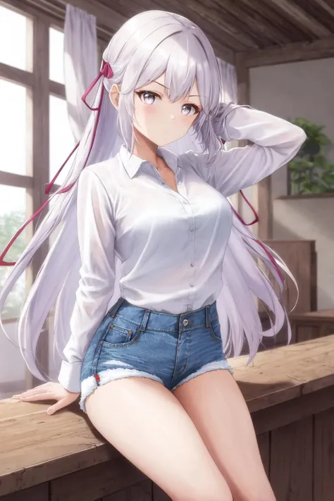 Hypnotic Eyes、 long white hair twin tails 、large long sleeve shirt、 shorts、The white underwear is transparent。White socks、night、 standing 、Arms are down、 hot and humid
Dutch angle,  pink ribbon 、Expressionless、 Drool , Black socks