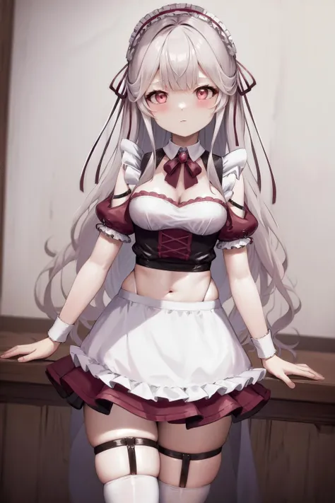 score_9, score_8_up, score_7_up, source_anime, masterpiece, absurdres, medium breasts, mature woman ,perfect face, 1girl, cute expression, smiling, looking at viewer, standing, arched back, alisamikhailovna, alisamikhailovna kujou, long hair, bangs, blue eyes, ahoge, gray hair, red ribbon, detail1eye, ig-sn,thighhighs,elbow gloves,high heels,white thighhighs,white dress,full body,white gloves,white footwear,cleavage,standing,garter straps,choker,zettai ryouiki,short dress,bare shoulders,collarbone 