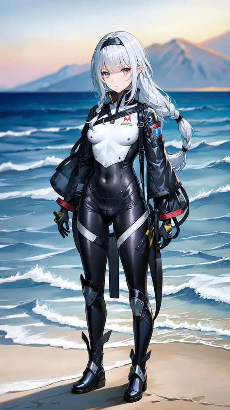 1girl, solo, long hair, grey eyes, breasts, hairband, black gloves, standing, full body, black shoes, boots, white hair, braid, bangs, covered navel, gloves, bodysuit, medium breasts, cowboy shot, black hairband, <lora:ChenxingSnowbreakV1.0:0.6>, chenxing, night sky, dark, stars, starry sky, milky way, lights, light particles, fairy, standing on beach, sand,