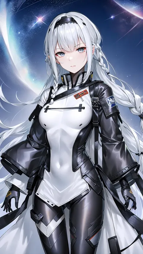 1girl, solo, long hair, grey eyes, breasts, hairband, black gloves, full body, black shoes, boots, white hair, braid, bangs, gloves, small breasts, black hairband, <lora:ChenxingSnowbreakV1.0:0.7>, chenxing, night sky, dark, stars, starry sky, milky way, lights, light particles, fairy, upper body, close up