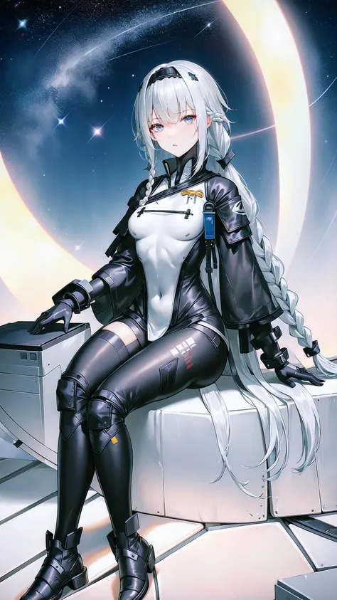 1girl, solo, long hair, grey eyes, breasts, hairband, black gloves, full body, black shoes, boots, white hair, braid, bangs, gloves, small breasts, black hairband, <lora:ChenxingSnowbreakV1.0:0.7>, chenxing, night sky, dark, stars, starry sky, milky way, lights, light particles, fairy, sexy, hot, nsfw, (sitting:1.2)