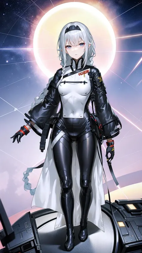 1girl, solo, long hair, grey eyes, breasts, hairband, black gloves, full body, black shoes, boots, white hair, braid, bangs, gloves, small breasts, black hairband, <lora:ChenxingSnowbreakV1.00.7>, chenxing, night sky, dark, stars, starry sky, milky way, lights, light particles, fairy, upper body, close up, (sexy, hot, nswf:1.2)