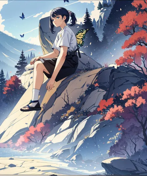 8k, masterpiece, solo, closeup, 1girl, fully clothed, beautiful, curvy, butterfly sitting, wearing Kaross and ankle socks and sandals, Yosemite National Park, California <lora:Azling4:1.0>