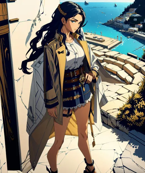 8k, masterpiece, solo, closeup, 1girl, fully clothed, beautiful, muscular, indian style, wearing Trench Coat and garter belt and gladiator sandals, Amalfi Coast, Italy <lora:Azling4:1.0>