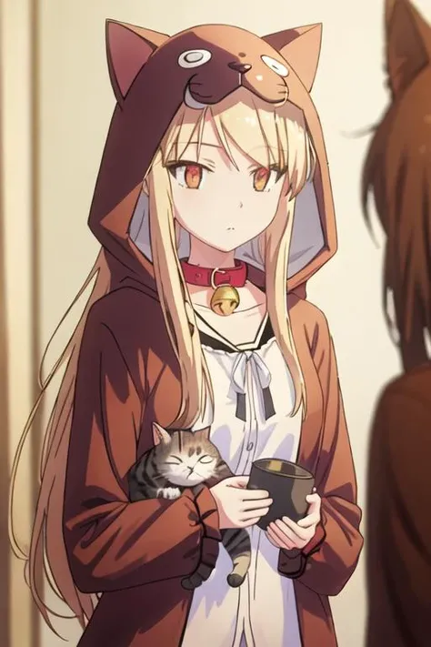 best quality, masterpiece, highres, solo, {shiina_mashiro_sakurasounopetnakanojo:1.15}, blonde_hair, long_hair, red_eyes, brown_eyes, 1girl, bell, collar, hood, jingle_bell, neck_bell, animal_hood, cat_hood, animal_costume, cat_costume, upper_body