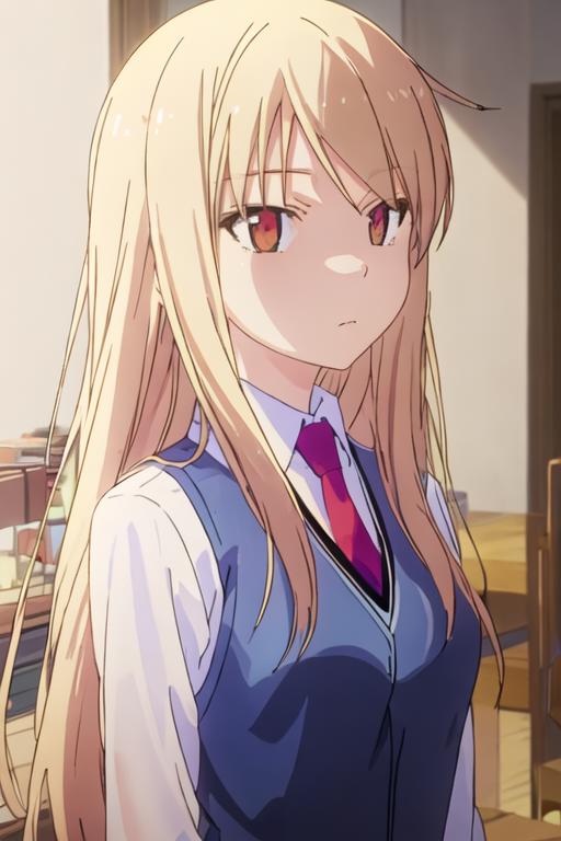 Anime girl with long blonde hair wearing a blue vest and red tie ...