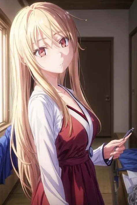 best quality, masterpiece, highres, solo, {shiina_mashiro_sakurasounopetnakanojo:1.15}, blonde_hair, long_hair, red_eyes, brown_eyes