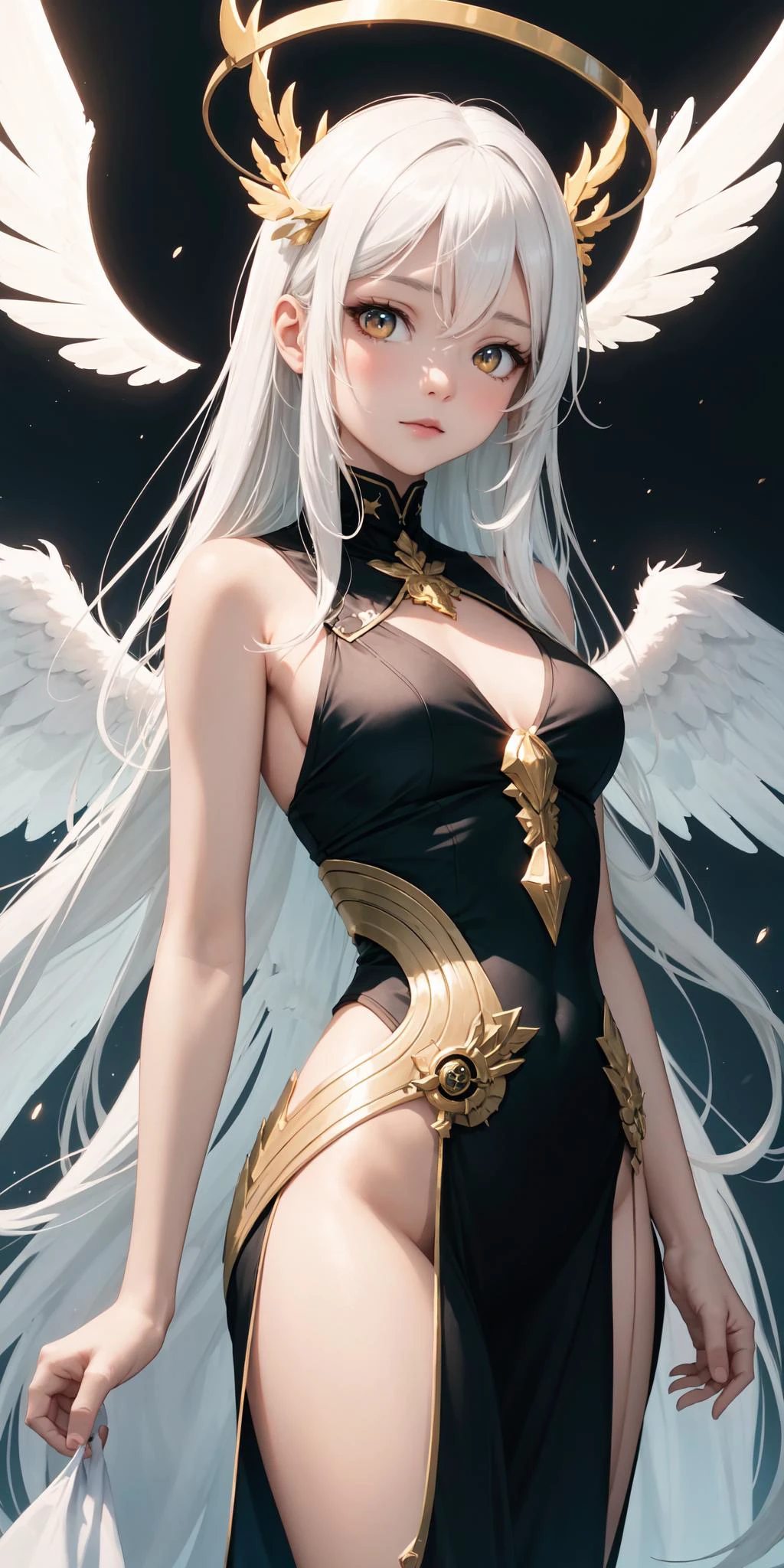 , illustration,heaven background, 1girl, white hair, golden eyes, long hair, halo, angel wings, serene expression, looking at viewer