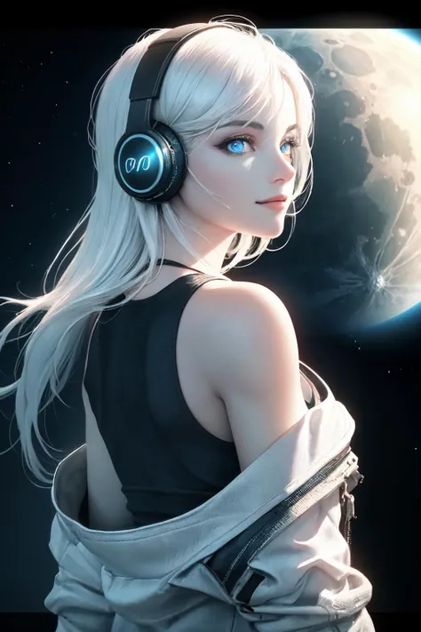 (on the moon, space, looking back into earth), white hair, black tank top, volumetric lighting, white jacket, glowing headphone, cyberpunk, futuristic, multi-color eyes, detailed eyes, hyper detailed,light smile,
highly detailed, beautiful, small details, ultra detailed, best quality, intricate, hyperrealism, sharp, digital illustration, detailed, realism, intricate, 4k, 8k, trending on artstation, good anatomy, beautiful lighting, award-winning, photorealistic, realistic shadows, realistic lighting, beautiful lighting, raytracing, intricate details, moody, rule of thirds, masterpiece, (illustration:1.1), highres, (extremely detailed CG, unity, 8k wallpaper:1.1), beautiful face, highly detailed face,  ultra realistic, masterpiece, bokeh, extremely detailed, intricate, zoomout,
colorful, vibrant colors, red nail polish, side view,