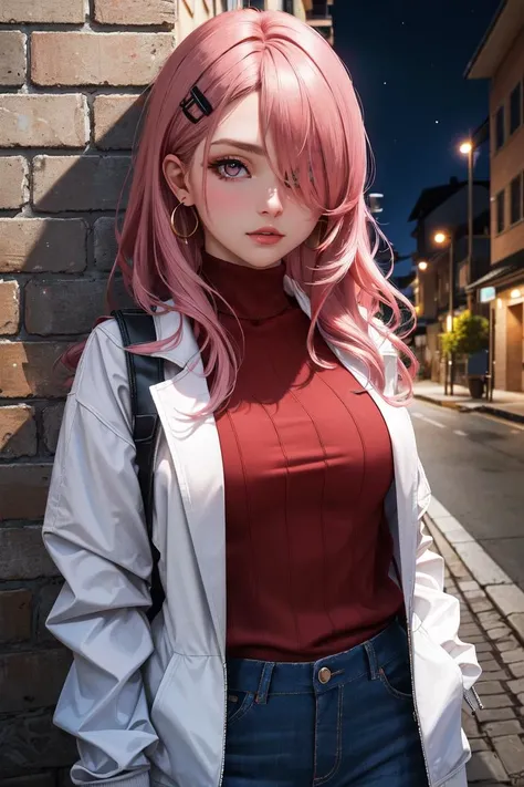 (masterpiece, best quality:1.2), (absurdres, highres, ultra-detailed), (perfect anatomy), 1girl, solo, ((medium breath)), long hair, pink hair, red head ornament, pink highlights, hair over one eye,purple eyes, earrings, sharp eyes, choker, neon shirt, torn legwear, open jacket, turtleneck sweater, night,against wall, brick wall, graffiti, dim lighting, alley ,look at viewer