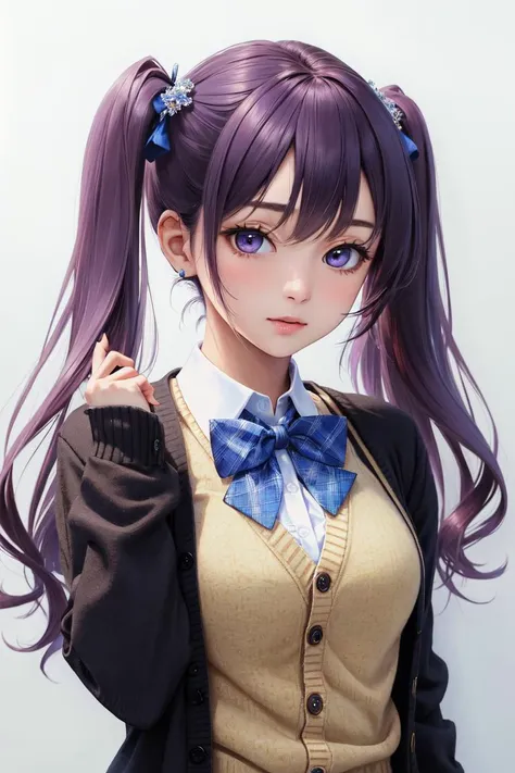 (masterpiece, best quality:1.2), (absurdres, highres, ultra-detailed), (perfect anatomy), suzukaze aoba, 1girl, hair ornament, school uniform, cardigan, twintails, purple hair, black bowtie