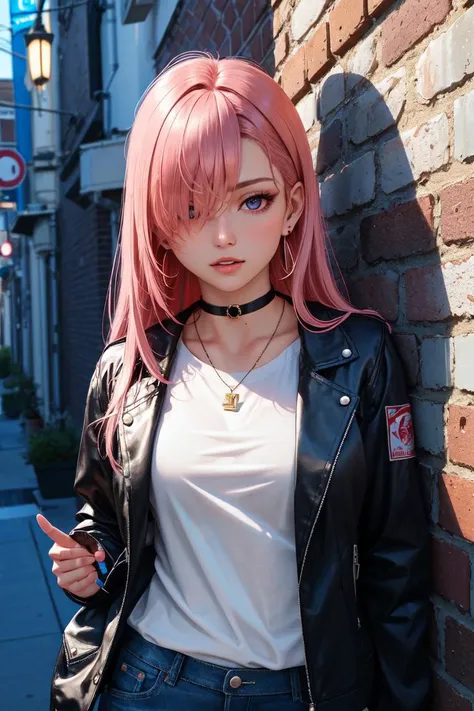 (masterpiece, best quality:1.2), (absurdres, highres, ultra-detailed), (perfect anatomy), 1girl, solo, ((medium breath)), long hair, pink hair, red head ornament, pink highlights, hair over one eye,purple eyes, earrings, sharp eyes, choker, neon shirt, torn legwear, open jacket, turtleneck sweater, night,against wall, brick wall, graffiti, dim lighting, alley ,look at viewer