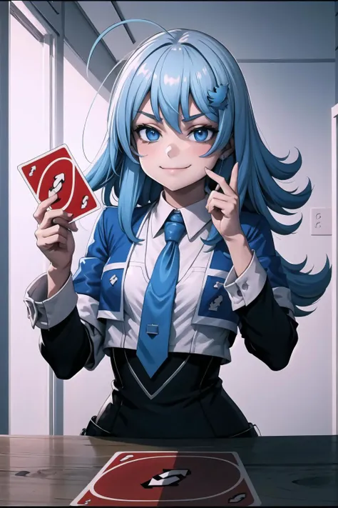 1girl, IncrRvrsCard, holding, card, holding card, arrow \(symbol\), <lora:UnoReverseCard:1.1>, upper body, smirk, playing card, <lora:Pos_PlayingCards:0.5>, indoors, Twitter-chan, hair ornament, white shirt, black long-sleeve shirt, layered sleeves, necktie, <lora:Char_Meme_Twitterchan:0.8>