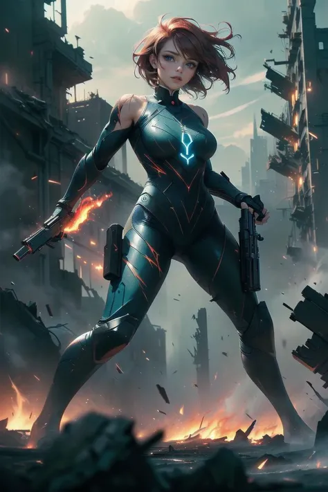 1 girl,solo,full_body,looking at viewer,blue eyes,(scar_across_eye:1.3),[glowing eyes:0.8],(smile:1.3),red hair,short hair,messy hair,(confident:1.4),bare shoulders,torn tight supersuit,(mechanical leg:0.5),
dynamic pose,breathtaking Cinematic scene,(hands holding gun:1.2),big weapon,
planet earth exploding in the background,in a destroyed city,cityscape,smoke,(fire:1.3),
(((hero view:1.2))),dark,rim light,otherworldly hues,blurry_foreground,wide_shot,depth of field,motion_blur,sharp focus,darkslateblue,<lora:GlowingRunesAIv4-000005:0.8>,<lora:Robotaction:0.5>,