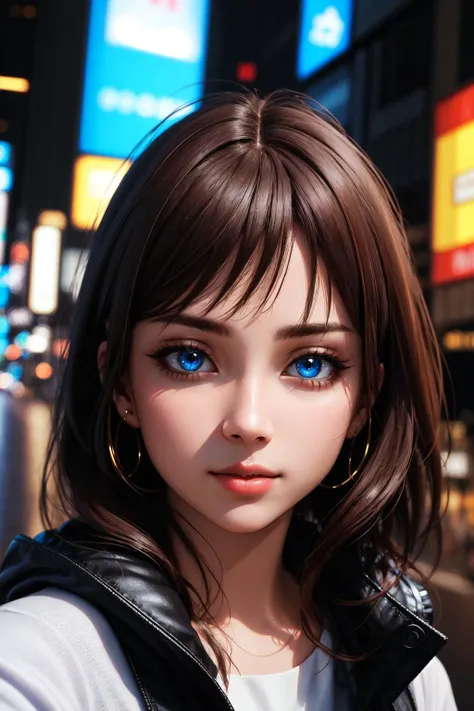 (masterpiece, best quality:1.2), (absurdres, highres, ultra-detailed), (perfect anatomy), half body, portrait, night city, 1girl, anime, 3D, Japan, pixar, realistic, teen girl, smiling, cute face, harajuku fashion style, rain coat, beautiful, colourful, neon lights, cyberpunk, smooth skin, illustration, artstation, painting by stanley artgerm lau, sideways glance, foreshortening, extremely detailed 8K, smooth, high resolution, ultra quality, highly detail eyes, highly detail mouth, highly detailed face, perfect eyes, both eyes are the same, true light, glare, Iridescent, Global illumination, real hair movement, real light, real shadow, real face, hd, 2k, 4k, 8k, 16k, realistic light, realistic shadow, bright Eyes, fluorescent eyes, soft light, dream light