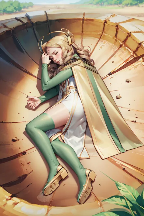 masterpiece, best quality, emmeryn, forehead mark, hair ornament, cape, white sleeves, long dress, tabard, green thighhighs, green shoes, yamchapose, lying, on side, closed eyes, sad, desert<lora:emmeryn-nvwls-v1-000010:1> <lora:concept_yamchapose-10:1.2>