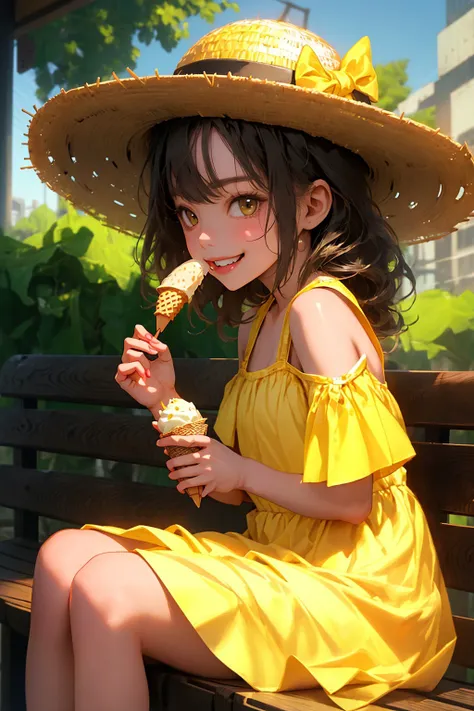 (masterpiece, best quality:1.15), niji, cute girl eating ice cream, sitting on bench, smiling slightly, from side, yellow summer dress, straw summer hat,  Lora: Nijicool