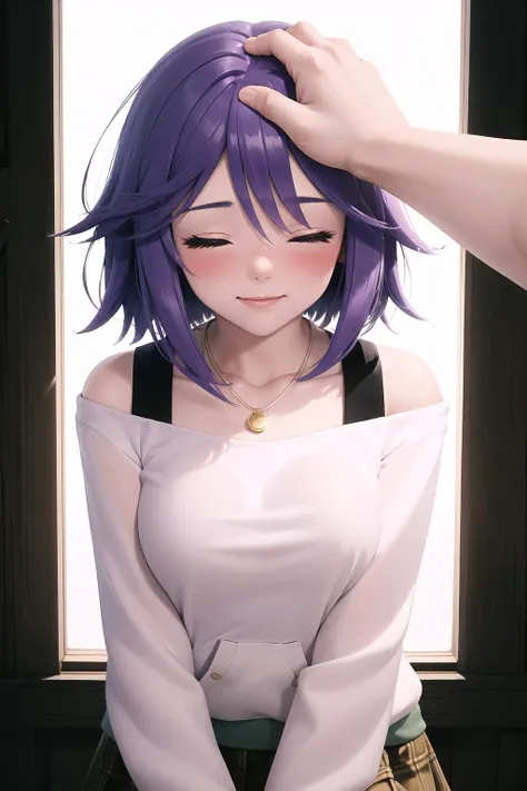 High Quality, Masterpiece, 1girl, Mizore Shirayuki, short hair, off-shoulder sweater, two-tone sweater, plaid skirt, pendant, <lora:Char_Rosario_MizoreShirayuki:1>, IncrsHeadpatPOV, headpat, pov, <lora:Pos_HeadpatPOV:1>, closed eyes, blush, ^_^, happy,