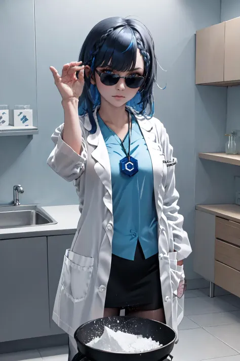 High Quality, Masterpiece, 1girl, <lora:gijinkaseries_civitai-18:0.85>, civitai-chan, braided bangs, labcoat, shirt, shirt tucked in, single vertical stripe, black skirt, pencil skirt, pantyhose, necklace, blue hair, black hair, SaltBaeMeme, salt, sunglases, <lora:Pos_SaltBaeMeme:1>