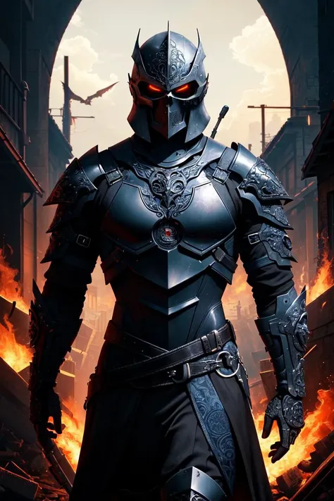 (masterpiece, best quality:1.2), (absurdres, highres, ultra-detailed), (perfect anatomy), a sinister vampire assassin wearing a black shiny armor metal skull helmet walking in a burning village, (intricate:1.4) studio red lighting, dark background, imposing, meticulously composed, stunning photos, dark fantasy