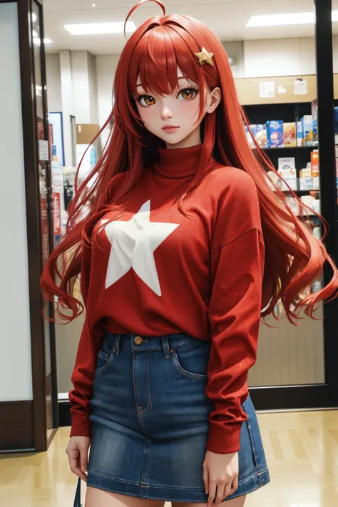 (masterpiece, best quality:1.2), (absurdres, highres, ultra-detailed), (perfect anatomy), nakano itsuki, red hair, long hair, star hair ornament, ahoge, red sweater
