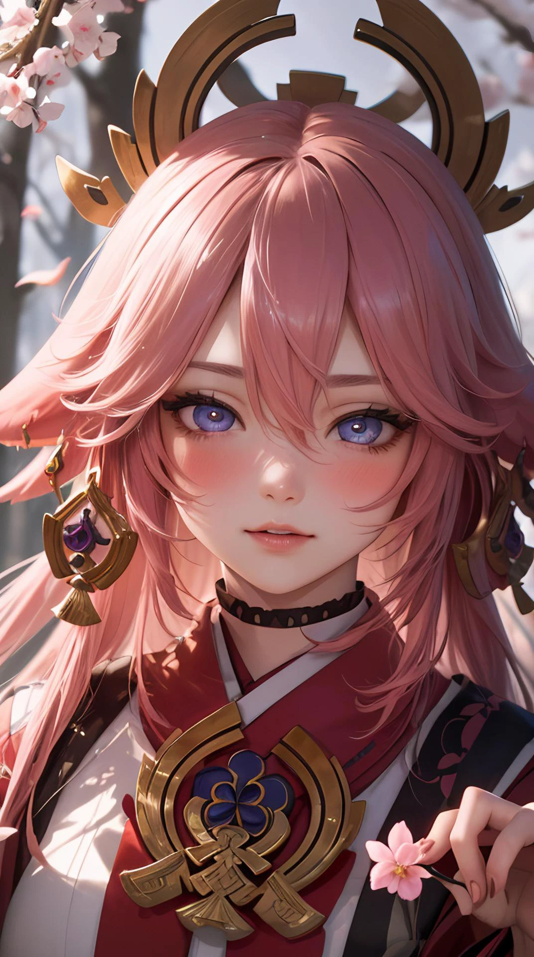 1girl, eye contact, high detailed, (red blush on cheeks:1.1), solo, (detailed eyes:1.2), portrait, <lora:yaemiko1:0.8>, (yaemikodef, yaemikornd:1.1), dodjo, japan clothes, japan, sakura, leaf fall, ((intricate details)), hdr, ((intricate details, hyperdetailed)), masterpiece, best quality, intricate, detailed