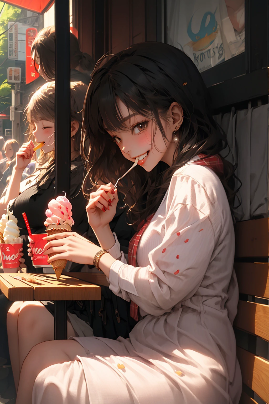 (masterpiece, best quality:1.15), niji, cute girl eating ice cream, sitting on bench, smiling slightly, from side, Lora: Nijicool