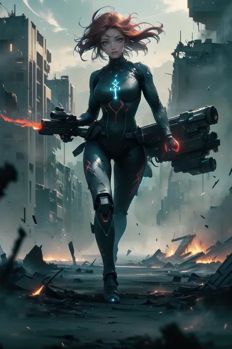 1 girl,solo,full_body,looking at viewer,blue eyes,(scar_across_eye:1.3),[glowing eyes:0.8],smile,red hair,short hair,messy hair,(confident:1.4),bare shoulders,torn tight supersuit,(mechanical leg:0.5),
dynamic pose,breathtaking Cinematic scene,(hands holding gun:1.2),big weapon,
in a destroyed city,cityscape,smoke,(fire:1.3),glowing power aura,
(((hero view:1.2))),dark,rim light,otherworldly hues,blurry_foreground,wide_shot,depth of field,motion_blur,sharp focus,darkslateblue,<lora:GlowingRunesAIv4-000005:0.8>,<lora:Robotaction:0.5>,