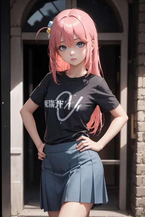 (masterpiece, best quality:1.2), solo, 1girl, gotohstar, expressionless, looking at viewer, hand on hip, one side up, cube hair ornament, black shirt, short sleeves, blue skirt, <lora:bocchi_gotoh-17:1>