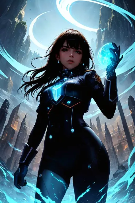 RAW photograph, fantasy, (seen from below, looking down at viewer), on mountain peak outcropping, Hologram wizard casting powerful spell, young teenage boy male with dark brown hair hazel eyes, wearing futuristic mage uniform, surrounded by swirling magical azure light streams, photorealistic, photorealism, greg rutkowski, trending on artstation, film, studio lighting, detailed skin, ultra realistic, bokeh, sharp features