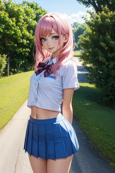 pink hair, small breasts, (wide hips:1.2), standing, smile, school uniform, blue miniskirt, hands at sides, looking at viewer, outside, near tree, arms behind back, (road:0.6), pov, looking at viewer, facing viewer, perfect eyes, blue eyes