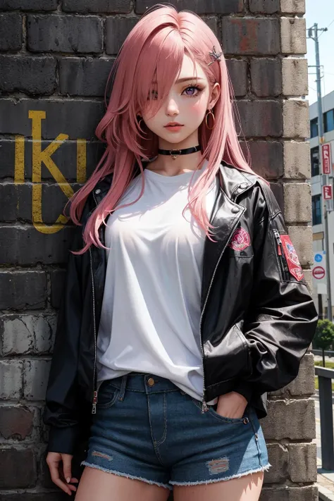 (masterpiece, best quality:1.2), (absurdres, highres, ultra-detailed), (perfect anatomy), 1girl, solo, ((medium breath)), long hair, pink hair, red head ornament, pink highlights, hair over one eye,purple eyes, earrings, sharp eyes, choker, neon shirt, torn legwear, open jacket, turtleneck sweater, ht,against wall, brick wall, graffiti, dim lighting, alley ,look at viewer