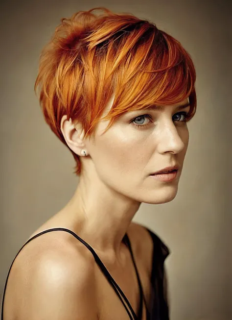 portrait of sks woman by Flora Borsi, style by Flora Borsi, bold, bright colours, orange Mohawk haircut, ((Flora Borsi)), <lora:locon_robinwright_v1_from_v1_64_32:1.25>