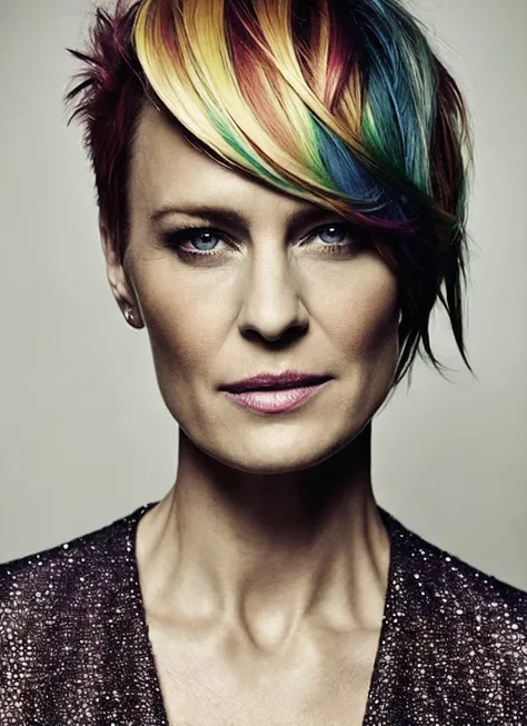 portrait of sks woman by Flora Borsi, style by Flora Borsi, bold, bright colours, rainbow Mohawk haircut, ((Flora Borsi)), <lora:locon_robinwright_v1_from_v1_64_32:1.25>