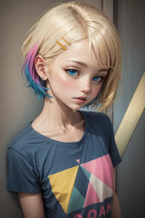 (As-Young:0.2), (geometric:1.4), (detailed:1.5), 1girl, pixie cut, multicolored blonde hair, blue eyes, t-shirt