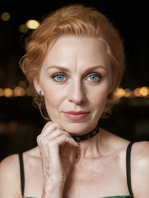 (AS-elderly:1.3), 1woman, (sexy), closeup photography, (extreme detail), manhattan night background, strawberry blonde, updo, black satin choker collar, freckles, blue-green eyes, evening dress, smug smile, beautiful face, (stunning eyes), eye contact, (lips parted), 4k wallpaper, masterpiece, <lora:NightphotoV1-0:1>