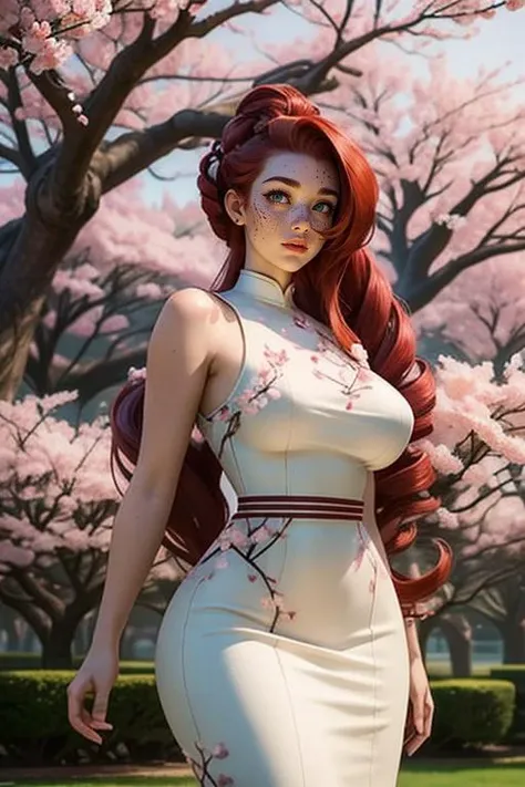 mature woman, AS-MidAged, detailed face, ((freckles)), perfect green eyes, huge breasts, wide hips, voluptuous, curvy, ((very long red hair, victory rolls)), 1girl, S4kur4, cherry blossoms dress,sleeveless <lora:S4kur4:1> <lora:detail_slider_v4:1> , japanese garden
