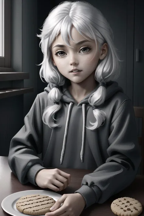 as-young, 1girl, olya_tb, white hair, gray eyes, side ponytail, sitting, behind table, eating cookies, <lora:Olya_TB:0.55> <lora:LowRa:0.6>, (masterpiece, absurdres, highres, 8k, best quality, highly detailed, hyperdetailed, intricate details, hdr:1.2)