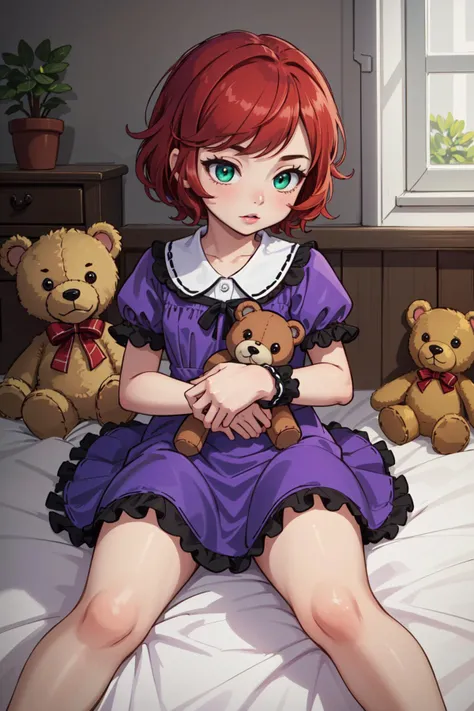 (masterpiece, best quality), intricate details,
1girl, <lora:annielol:1> annielol, annie \(league of legends\), AS-Youngest, (stuffed animal, teddy bear), red hair, green eyes,
(purple dress:1.3), white collar and frilly cuffs,